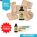The image shows a collection of castor oil products including a 1L bottle of organic castor oil, soft organic body wraps, and a 100ml travel bottle, with a 'Buy these get this FREE!' label and a 'NEW TRAVELLERS CASTOR OIL' text on the bottle.