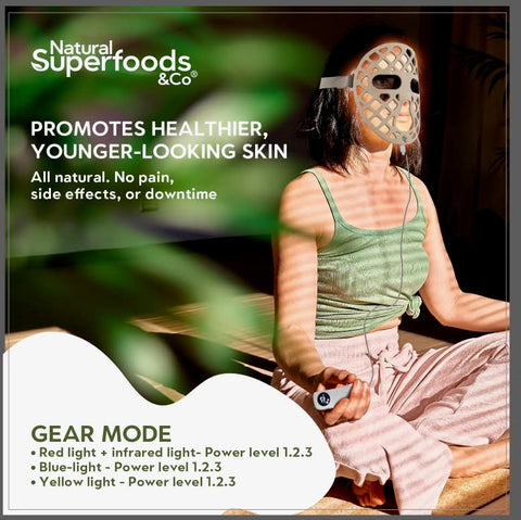 A person seated, wearing a full-face LED mask designed for skincare, promoting healthier skin.