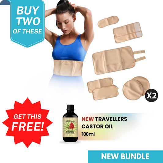 The image shows a promotional advertisement for a Castor Comfort Bundle which includes two organic cotton body wrap kits and a bottle of traveler's organic castor oil. The body wraps are beige and the oil bottle is marked as 100ml.